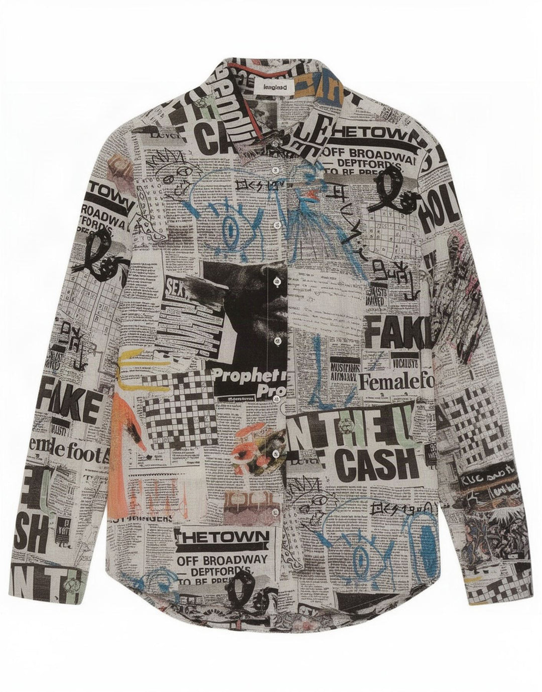 Camisa feminina Desigual Newspaper Graphic UK 14 algodão multicolorido médio