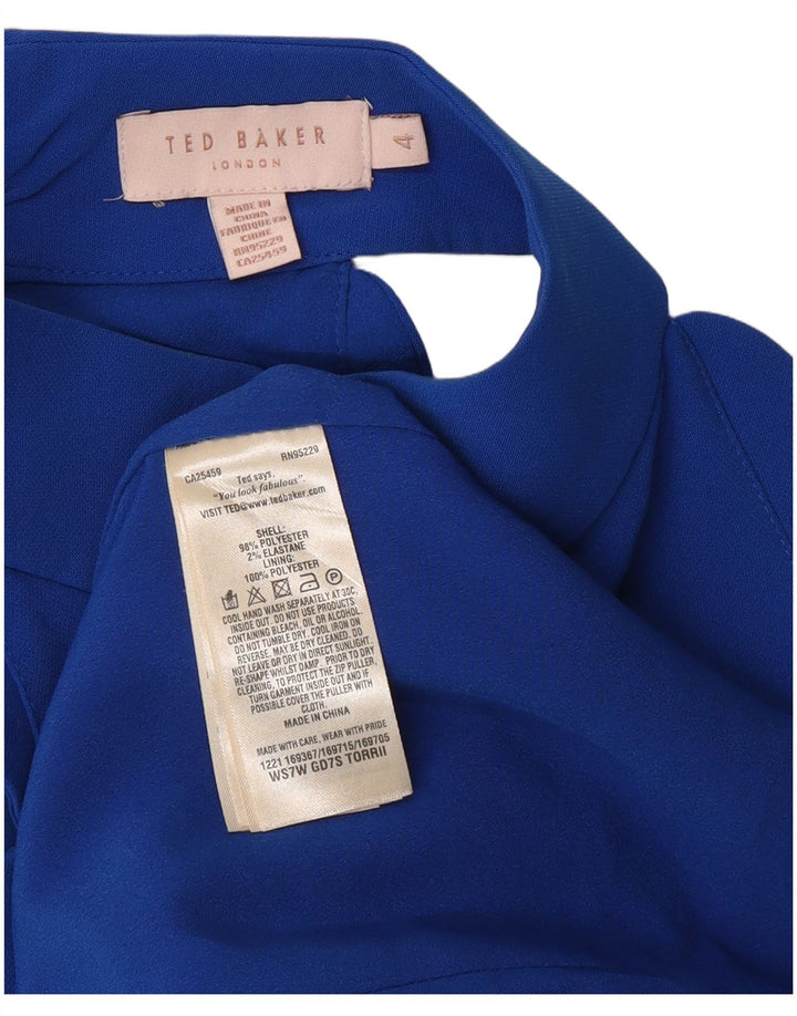 Vestido feminino Ted Baker com frente única, tamanho 4, grande, azul, poliéster