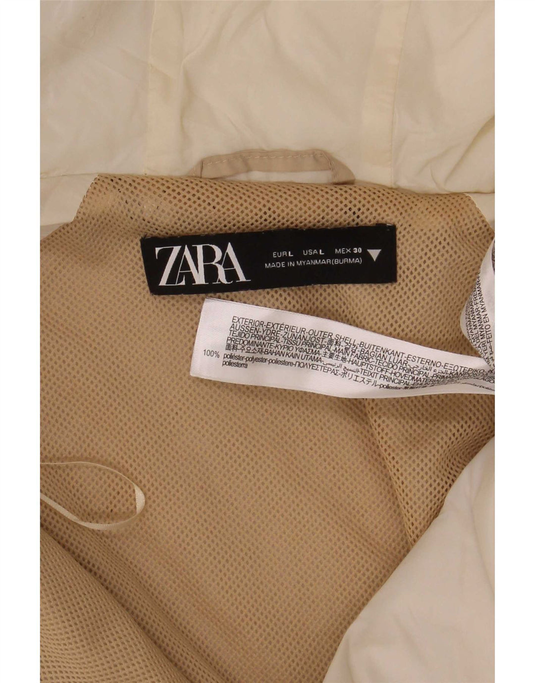Jaqueta acolchoada com capuz feminino Zara Reino Unido 16 grande poliéster colorblock bege
