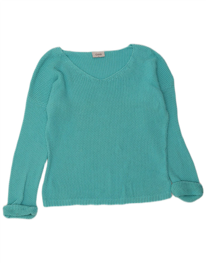 Suéter feminino VINTAGE com decote em V grande IT 42 turquesa médio