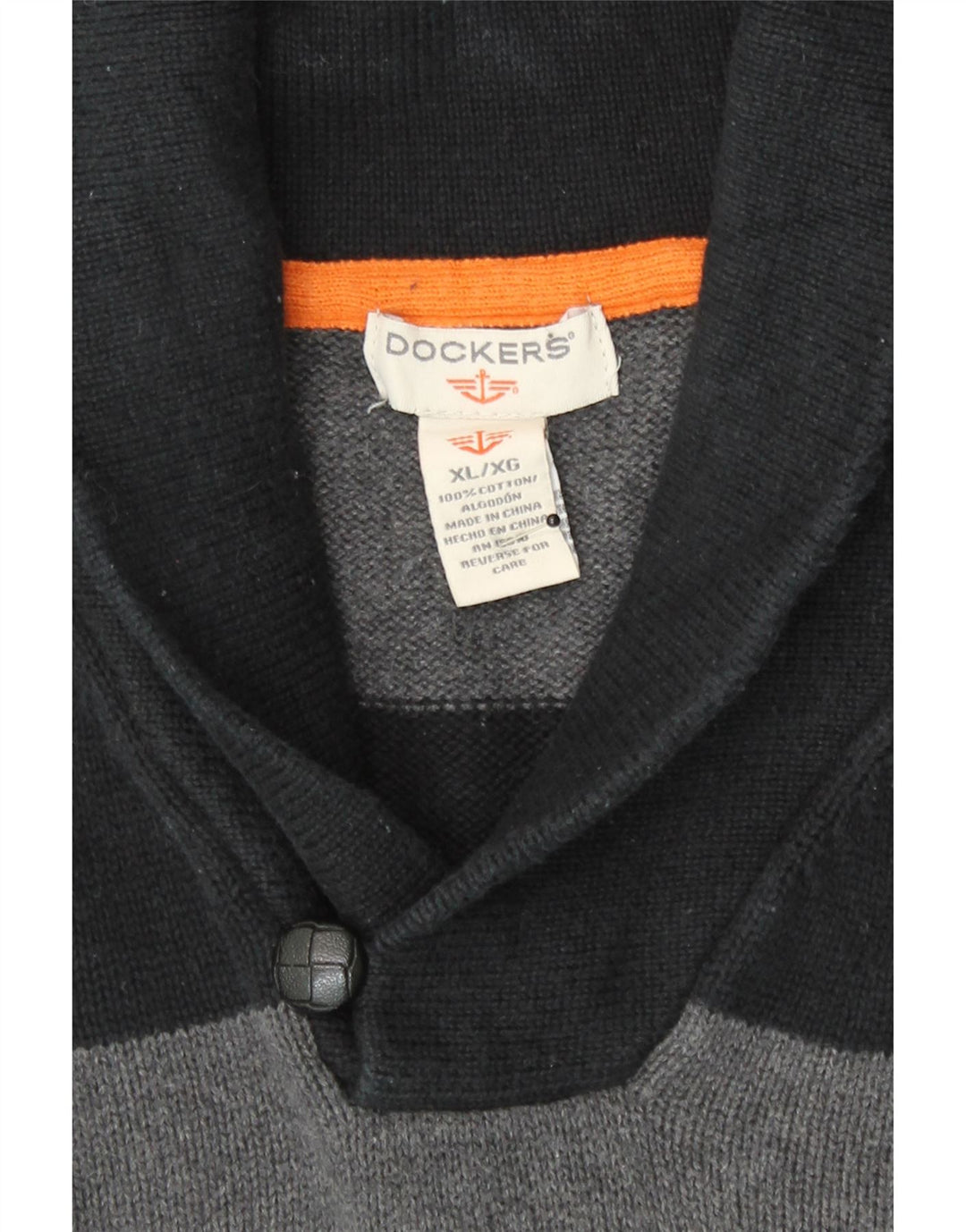 DOCKERS Mens Shawl Neck Jumper Sweater XL Black Striped Cotton Vintage Dockers and Second-Hand Dockers from Messina Hembry 