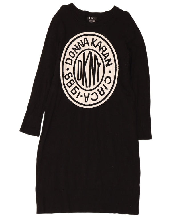 Vestido feminino Dkny com estampa de manga comprida e viscose preta média UK 12