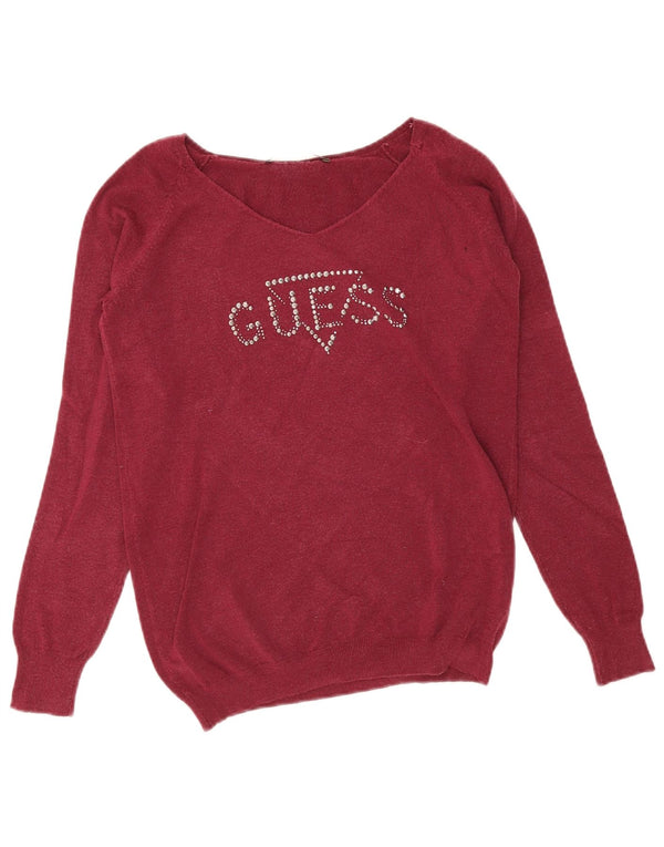 Suéter feminino Guess com gola V e gola V Reino Unido 10 Pequeno Modal Borgonha