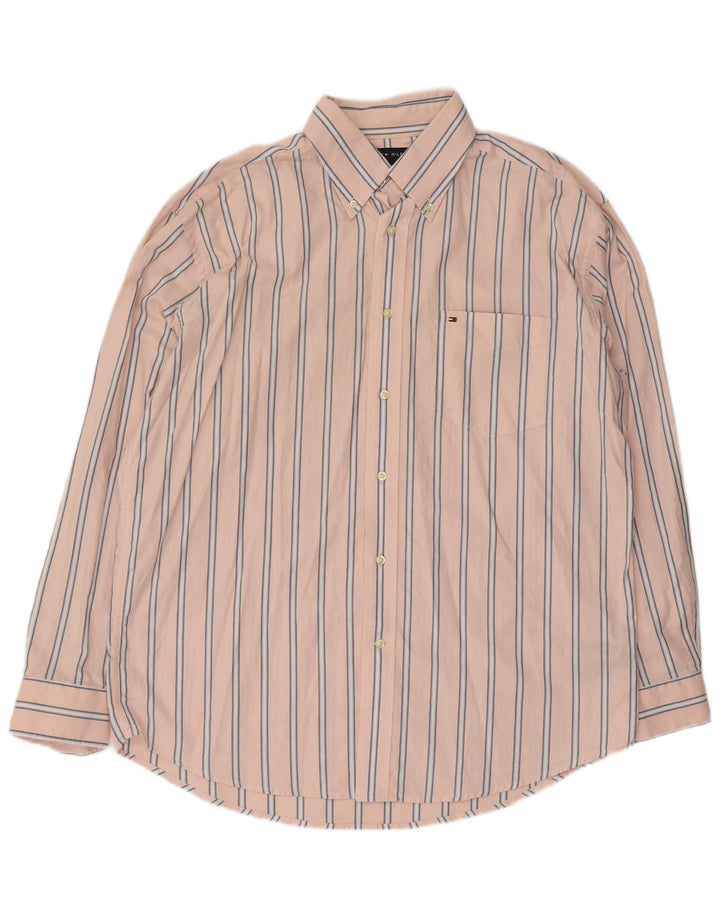 Camisa masculina Tommy Hilfiger grande listrada rosa de algodão