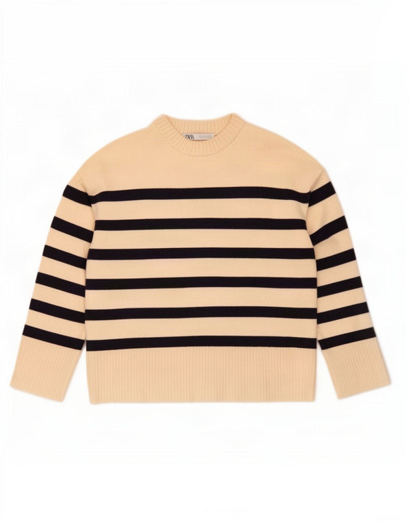 Suéter feminino Zara com gola redonda e viscose listrada branca média UK 14