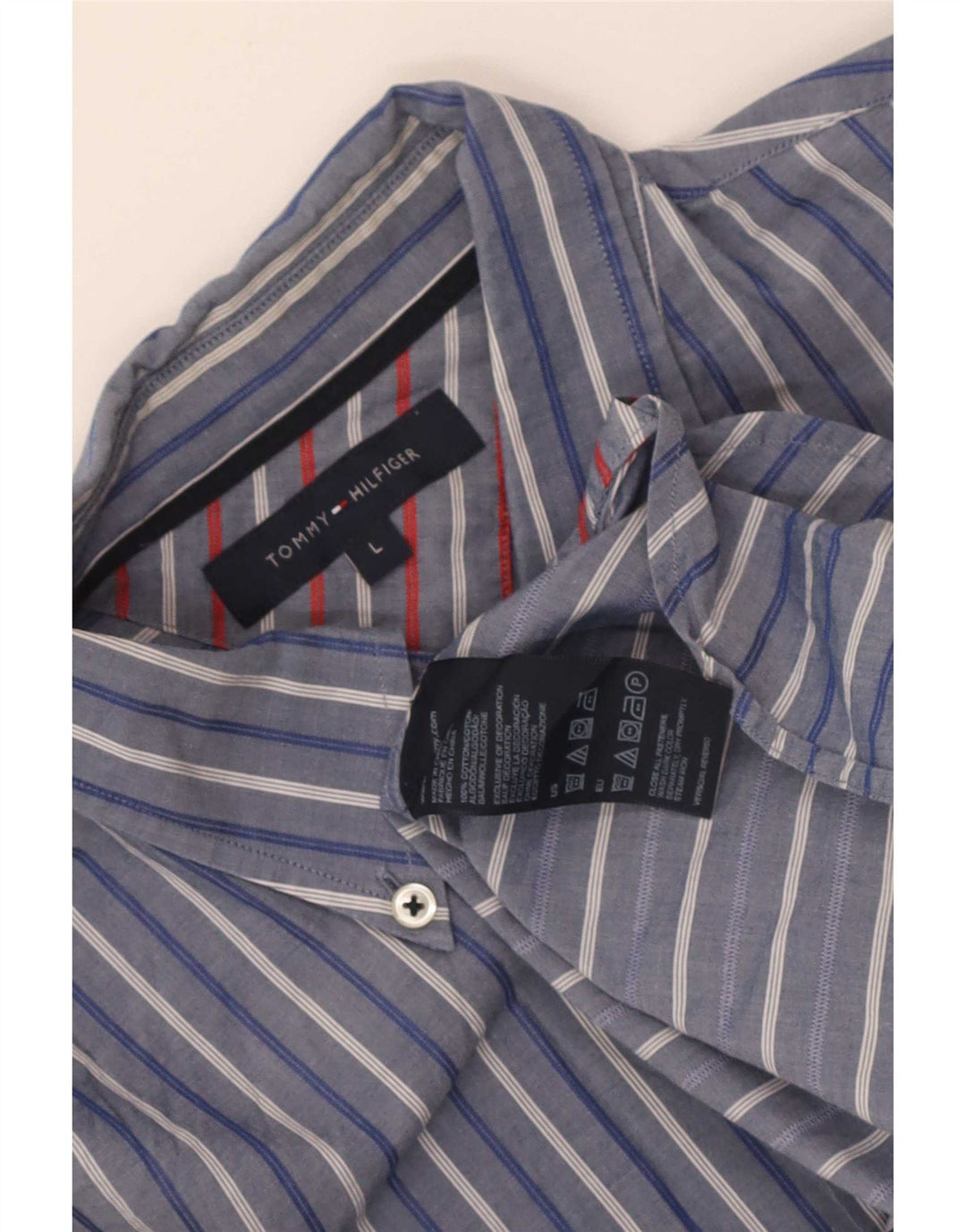Camisa masculina Tommy Hilfiger grande listrada azul de algodão