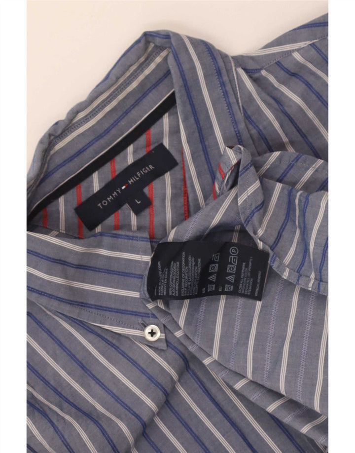 Camisa masculina Tommy Hilfiger grande listrada azul de algodão