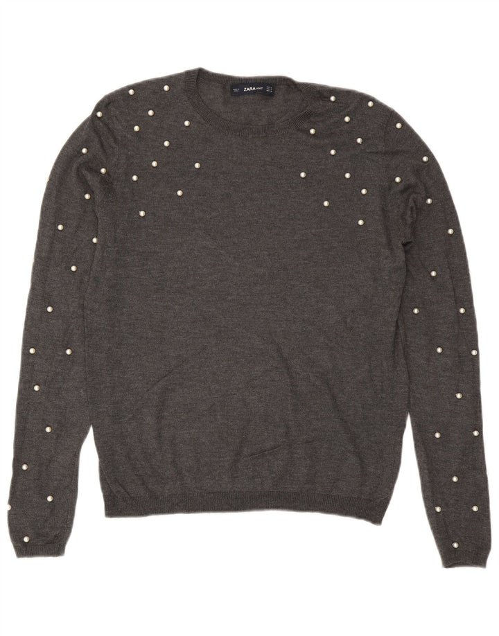 Suéter feminino Zara com gola redonda, Reino Unido 10, pequeno, cinza modal