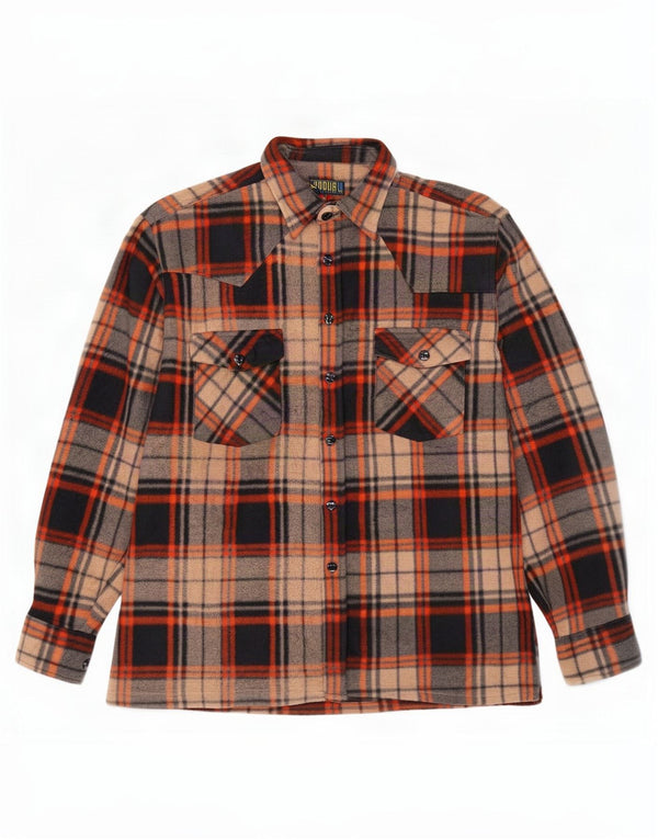 Camisa de lã masculina vintage poliéster xadrez marrom médio