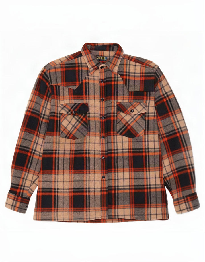 Camisa de lã masculina vintage poliéster xadrez marrom médio