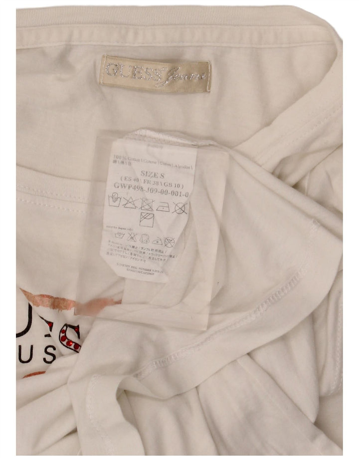 Guess Top gráfico feminino manga comprida Reino Unido 10 algodão branco pequeno