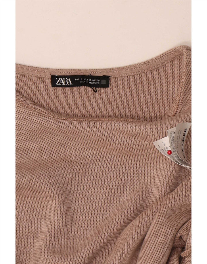 Blusa feminina Zara com gravata frontal UK 10 poliéster bege pequeno