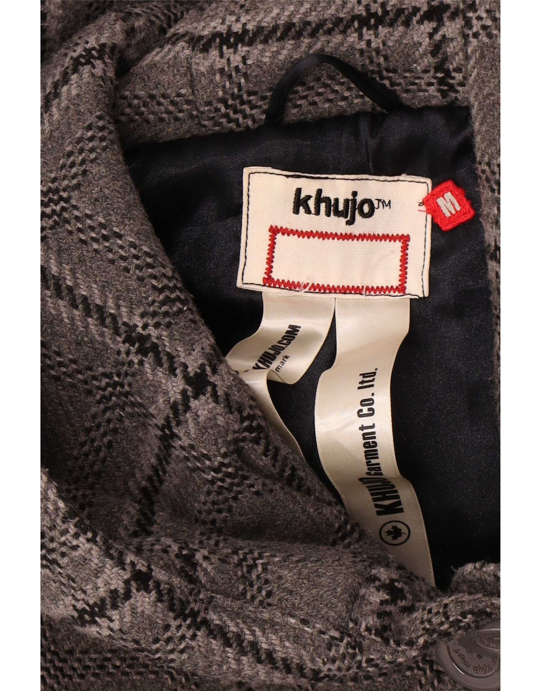 Sobretudo feminino KHUJO com capuz UK 12 lã xadrez cinza médio