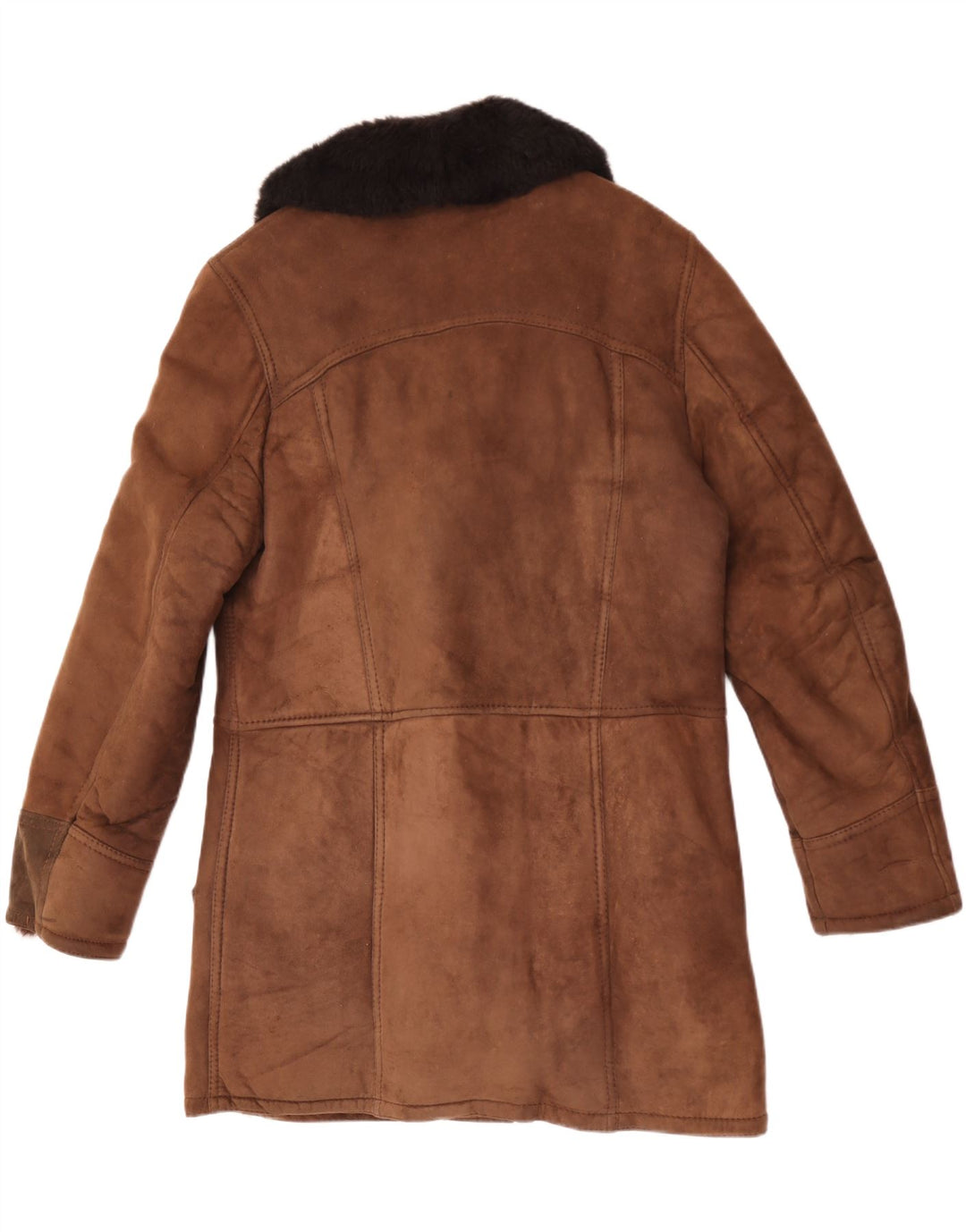 Sobretudo masculino vintage de shearling Reino Unido 38 couro colorblock marrom médio