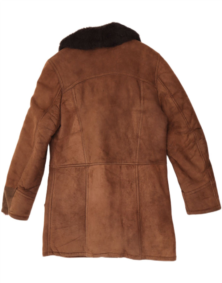 Sobretudo masculino vintage de shearling Reino Unido 38 couro colorblock marrom médio