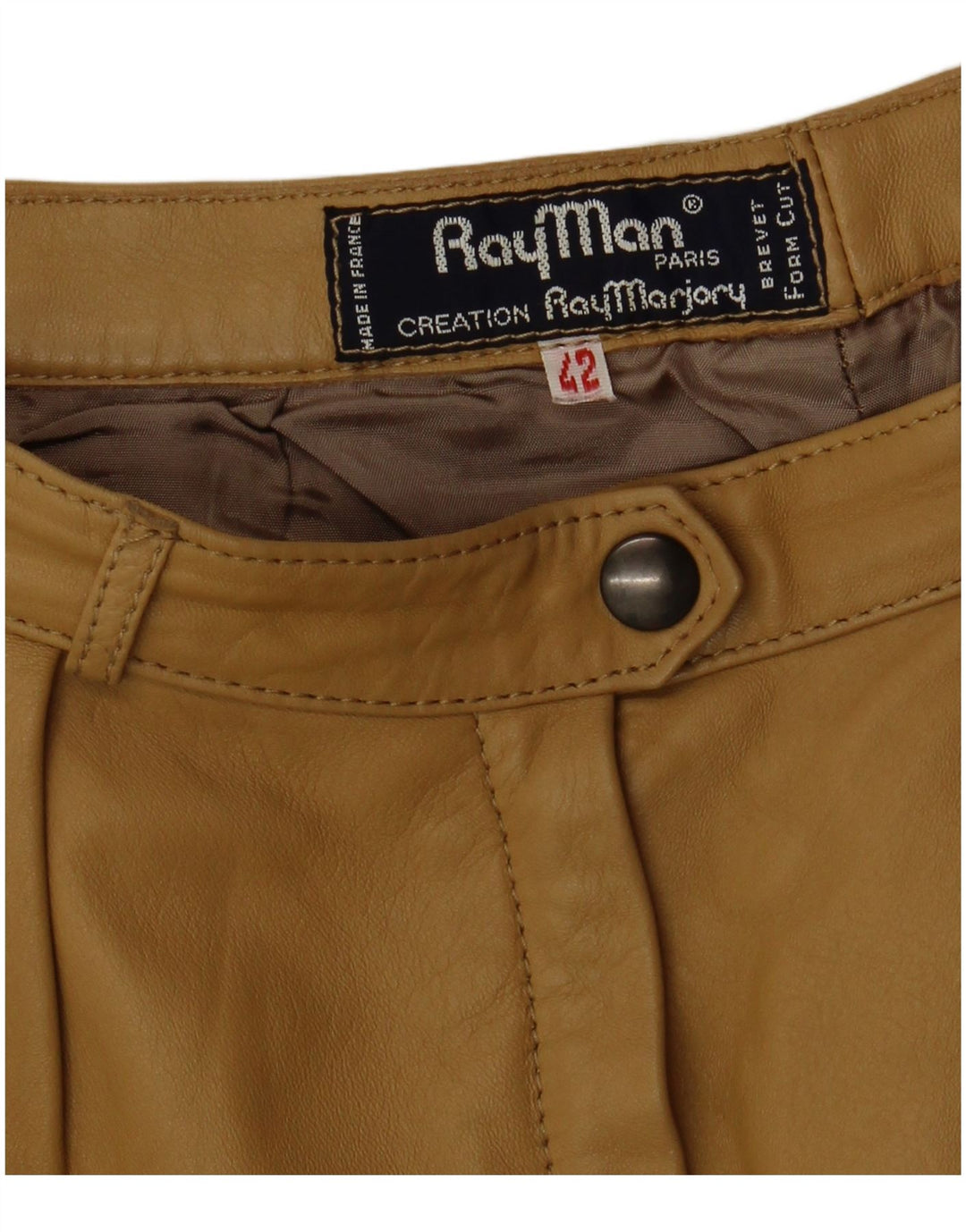 Calça feminina de couro com pregas RAY MARJORY IT 42 Médio W28 L30 Cáqui