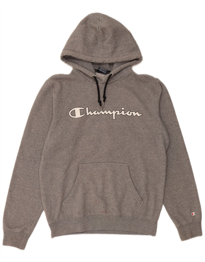 Jumper masculino com capuz gráfico Champion algodão manchado cinza médio