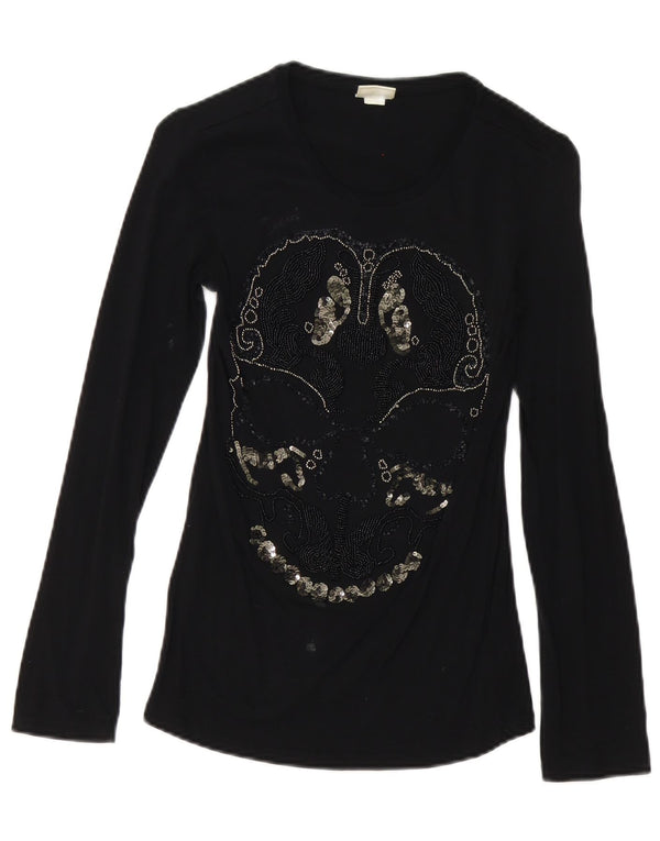 Top gráfico feminino Diesel manga comprida UK 8 pequeno algodão preto