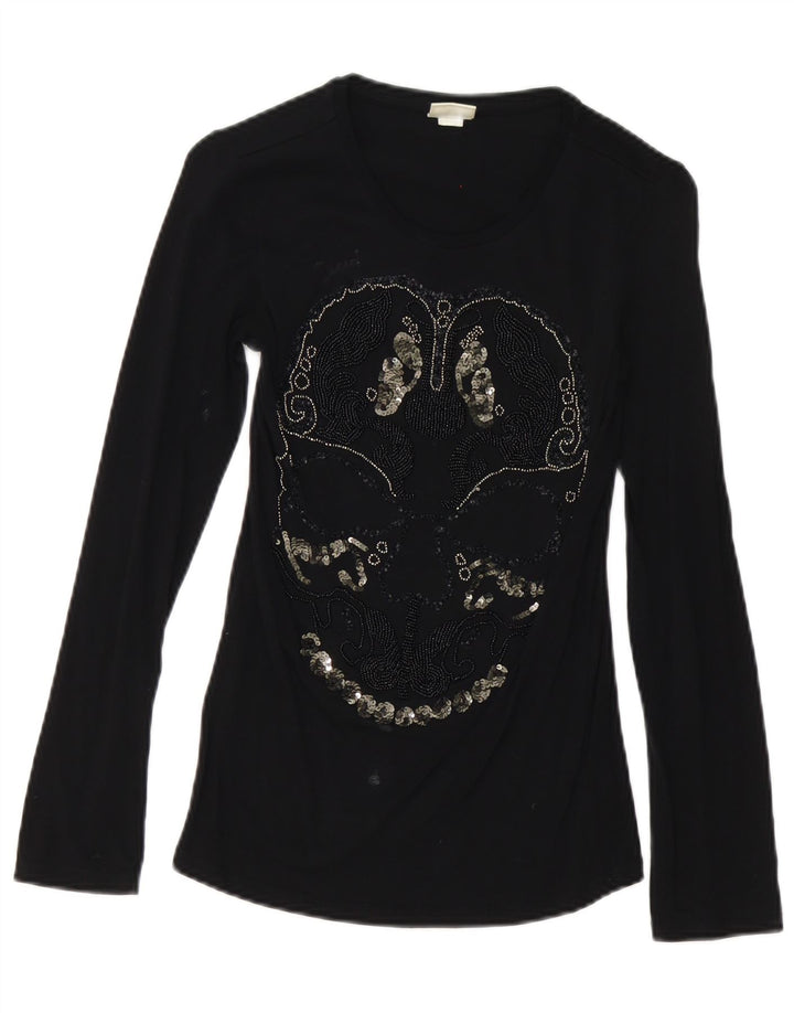 Top gráfico feminino Diesel manga comprida UK 8 pequeno algodão preto