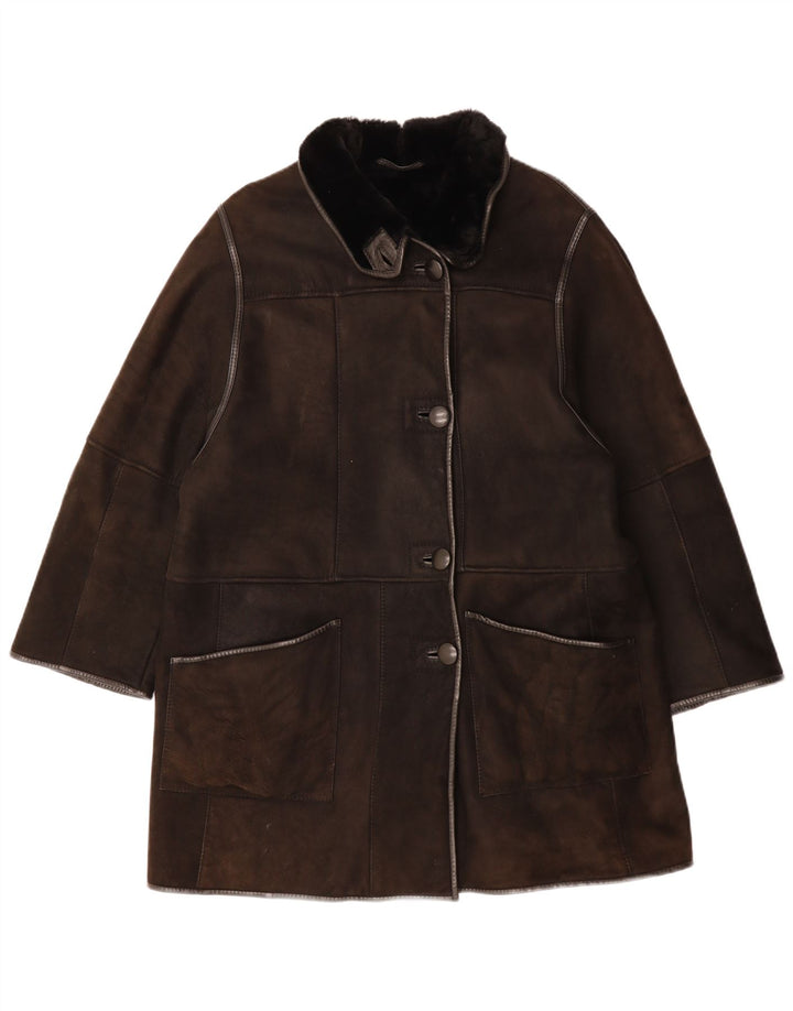 Casaco feminino VINTAGE Shearling Reino Unido 14 grande couro marrom