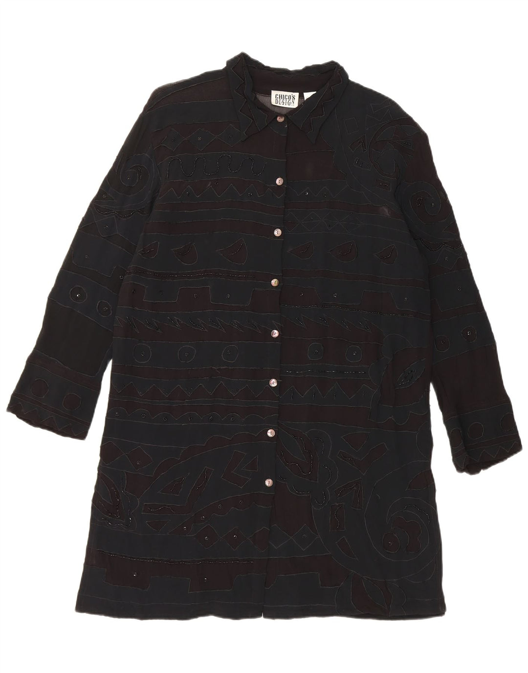Vestido camisa feminino Chico's Reino Unido 14 rayon geométrico preto médio