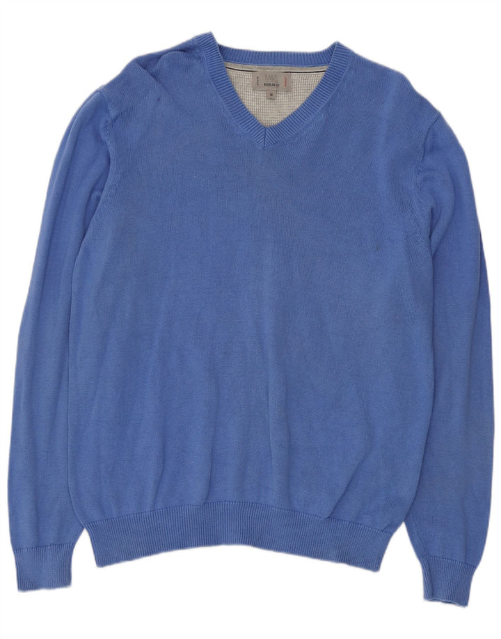Suéter masculino Marks & Spencer com decote em V de algodão azul médio