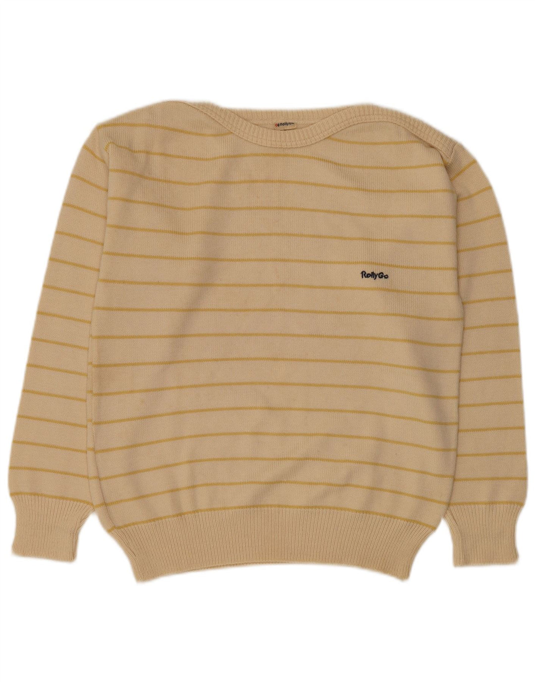 Suéter masculino vintage com gola barco, poliacrílico listrado bege médio