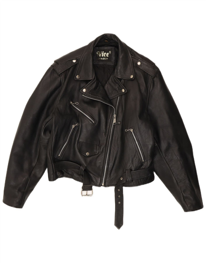 Jaqueta feminina vintage de couro para motociclista Reino Unido 16 grande couro preto