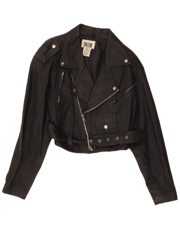 Jaqueta de motociclista de couro vintage feminino UK 10 couro preto pequeno