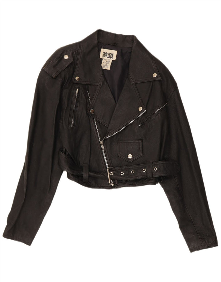 Jaqueta de motociclista de couro vintage feminino UK 10 couro preto pequeno