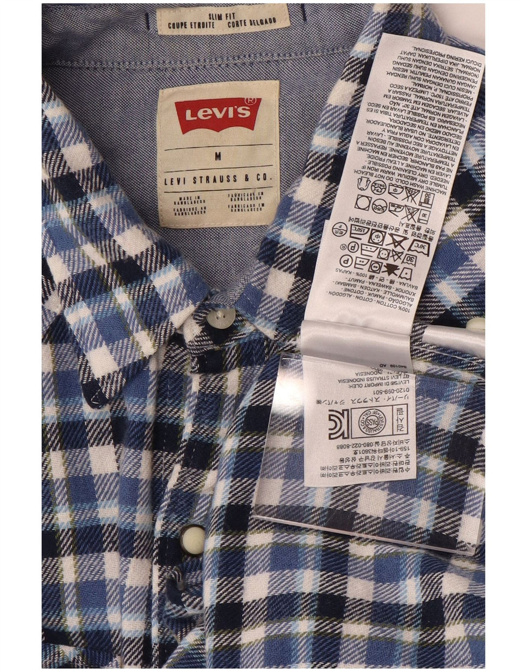 Camisa masculina de flanela Levi's Slim Fit azul médio xadrez algodão