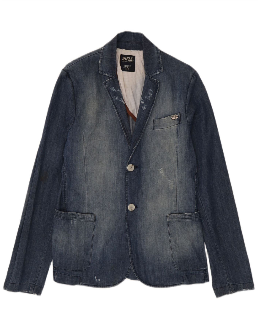 Jaqueta blazer jeans masculina rifle desgastada Reino Unido 38 algodão azul médio