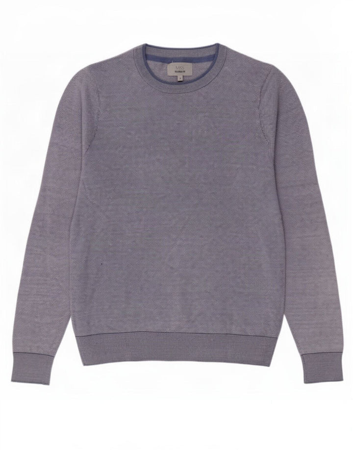 Suéter masculino Marks & Spencer com ajuste personalizado e gola redonda, azul pequeno