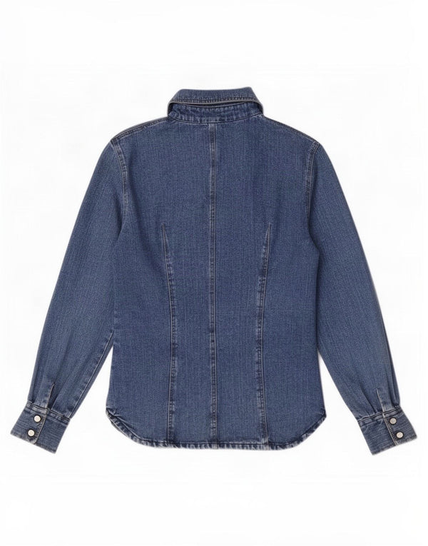 Camisa jeans feminina vintage Reino Unido 12 algodão azul médio