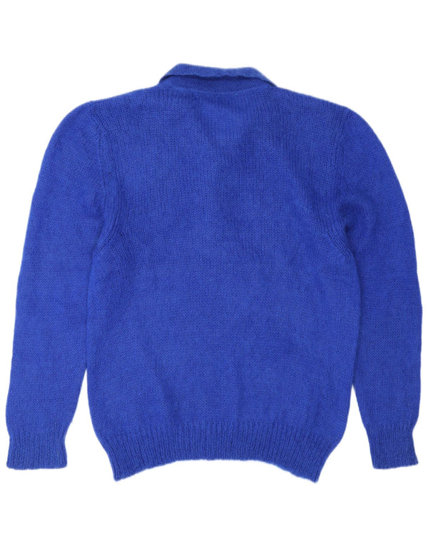 Suéter feminino vintage com gola polo gráfica IT 48 XL azul floral mohair