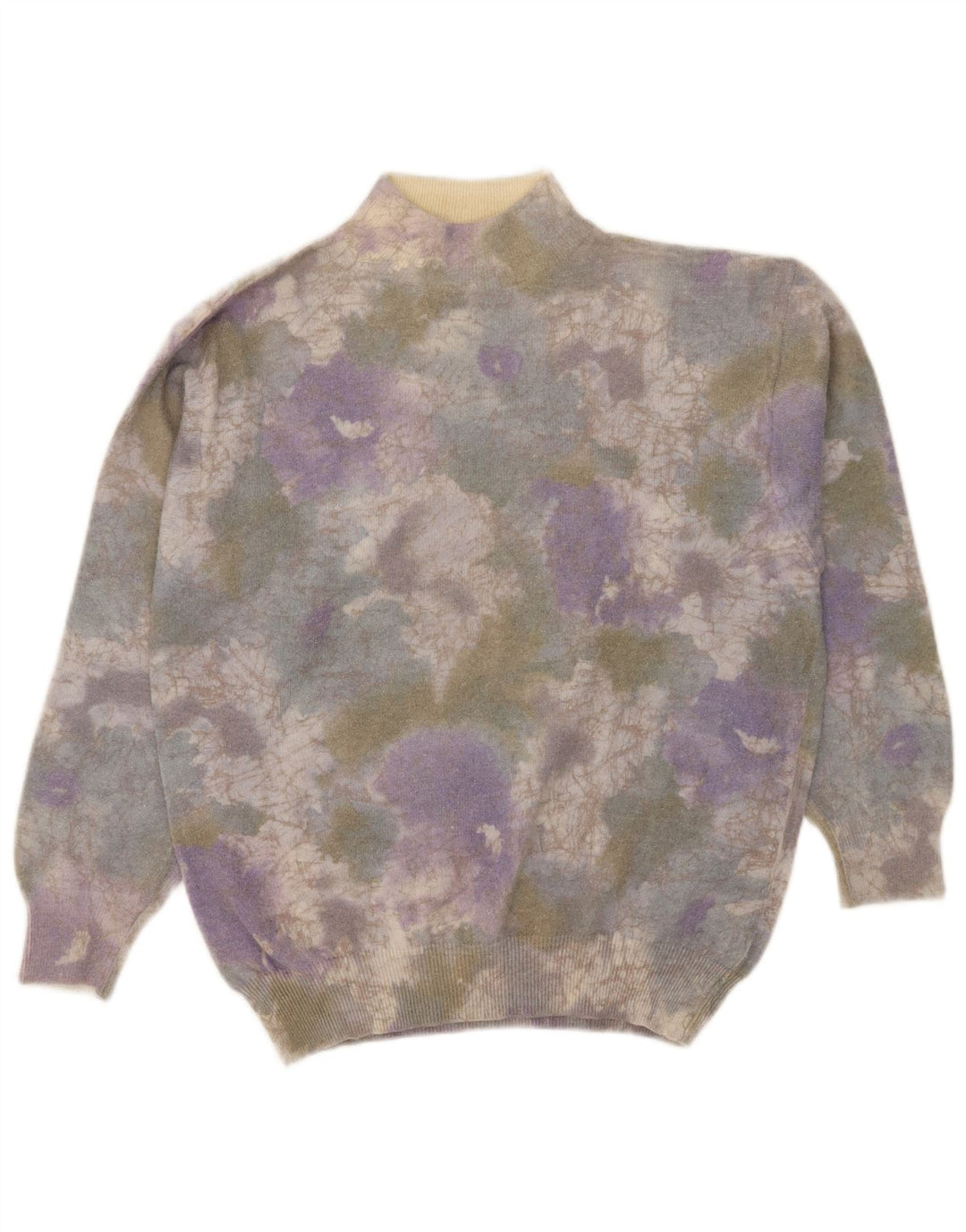 Suéter feminino vintage com gola tartaruga Reino Unido 14 grande tie-dye multicolorido