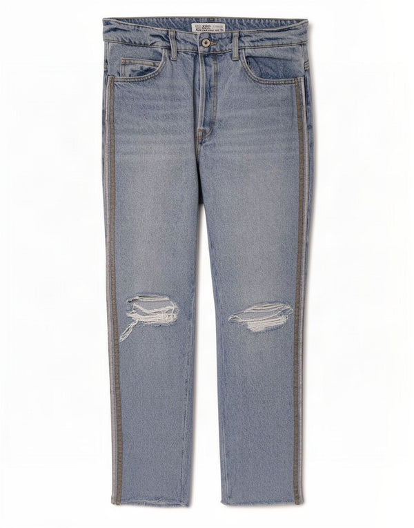 Zara Calça jeans reta feminina desgastada UE 42 grande W32 L27 algodão azul