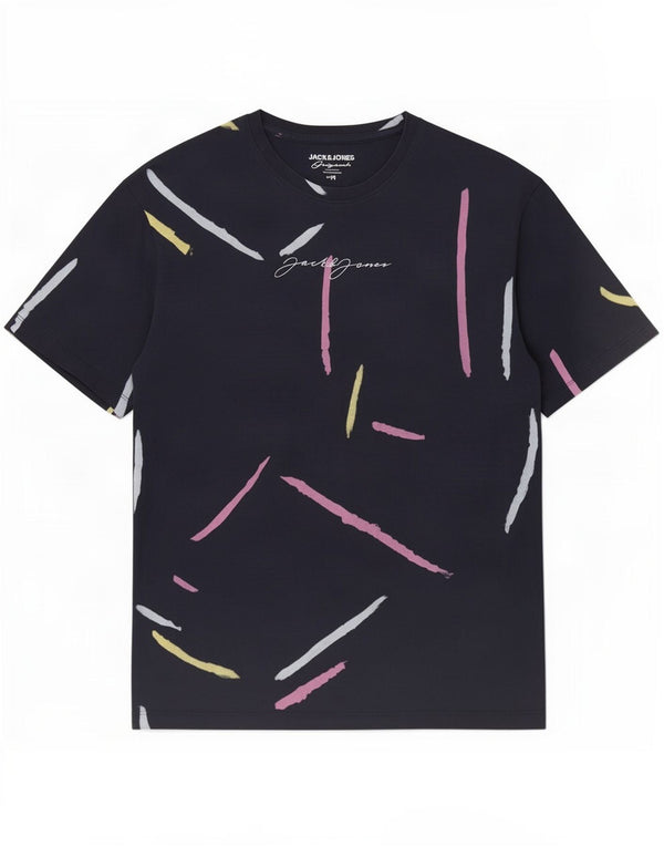 Camiseta gráfica masculina Jack & Jones Top médio algodão listrado azul marinho