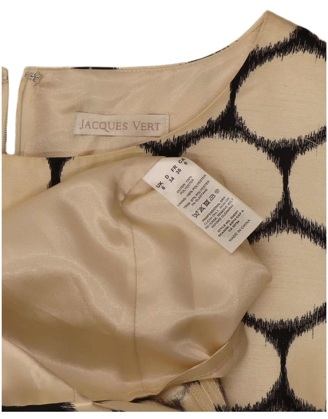 Vestido bainha feminino JACQUES VERT Reino Unido 8 pequeno bege bolinhas poliéster