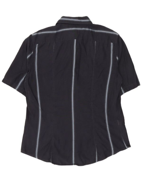 ARMANI JEANS Camisa masculina Anbass de manga curta XL azul marinho listrado algodão