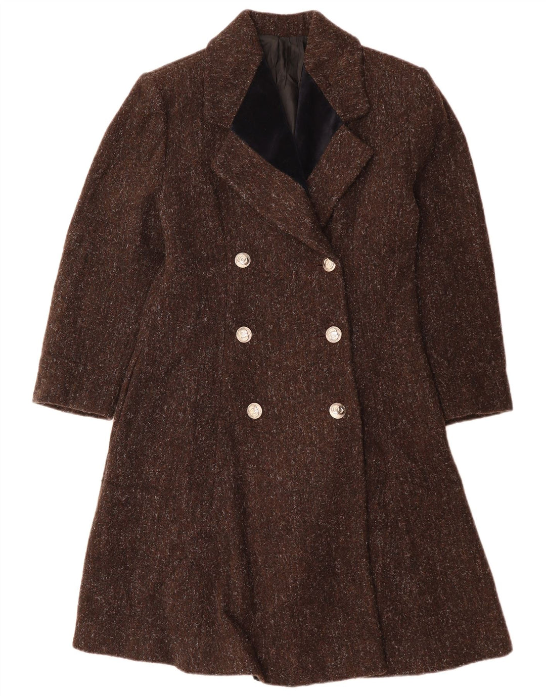 Casaco feminino VINTAGE com peito duplo Reino Unido 12 lã manchada marrom médio