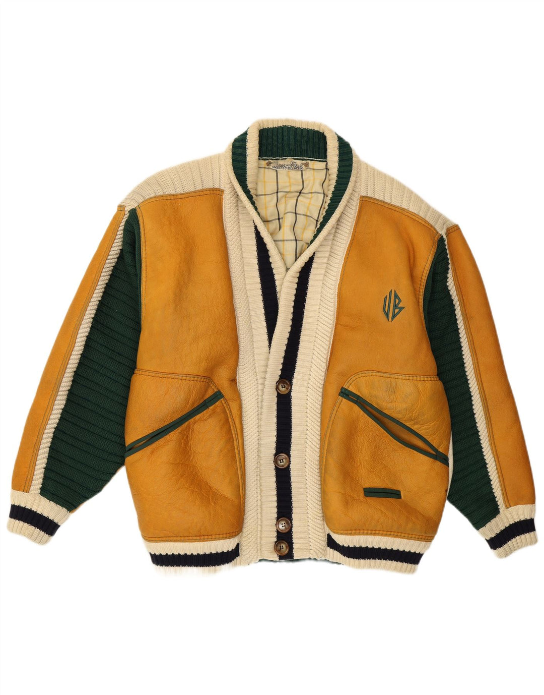 Jaqueta masculina Umberto Bilancioni UK 40 grande couro amarelo colorblock