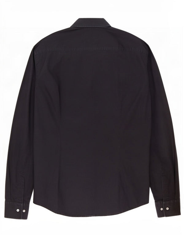 Camisa masculina Hugo Boss Slim Fit tamanho 39 15 1/2 algodão preto médio