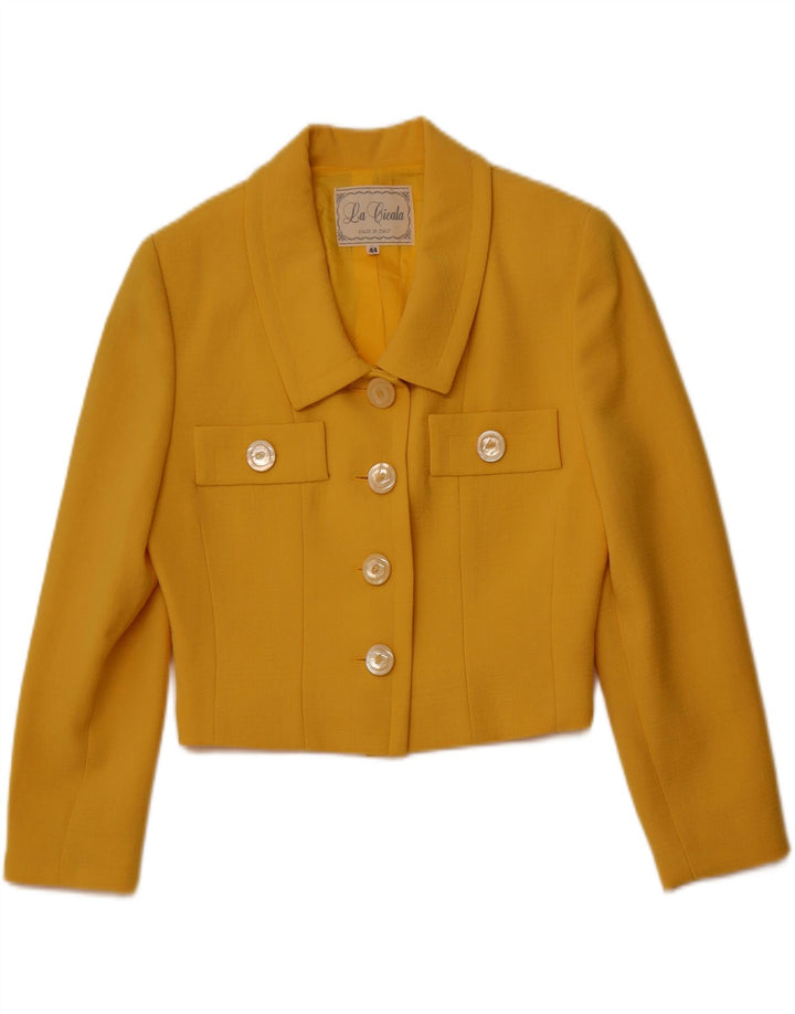 Conjunto de saia feminina VINTAGE com 4 botões e 2 peças IT 44 médio W26 lã amarela