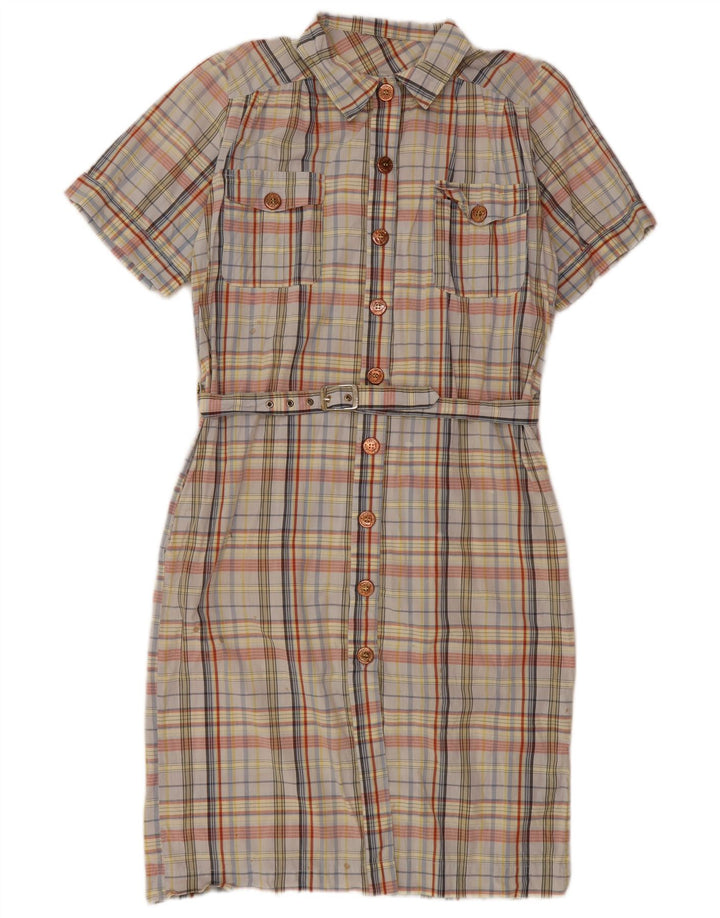 Vestido camisa feminino vintage Reino Unido 14 algodão xadrez médio multicolorido