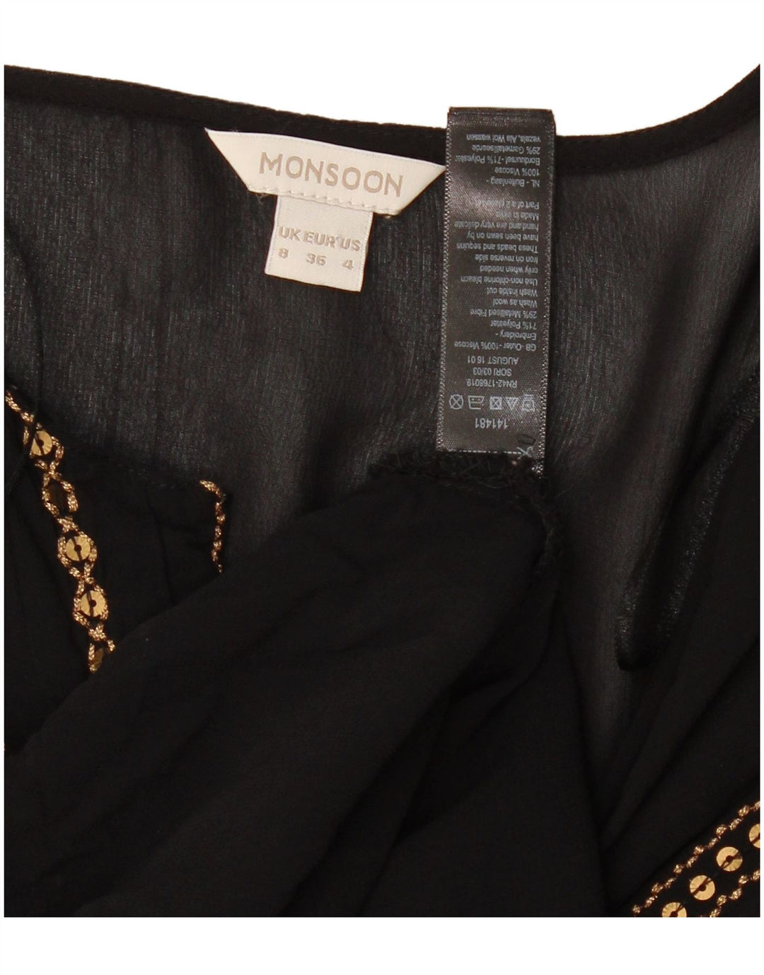 Blusa feminina de manga comprida MONSOON UK 8 pequena viscose preta
