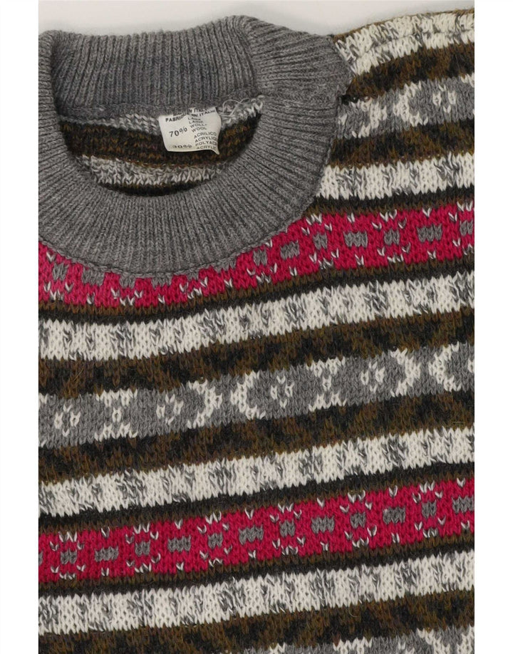 Suéter vintage masculino com gola redonda, médio multicolorido de lã Fair Isle