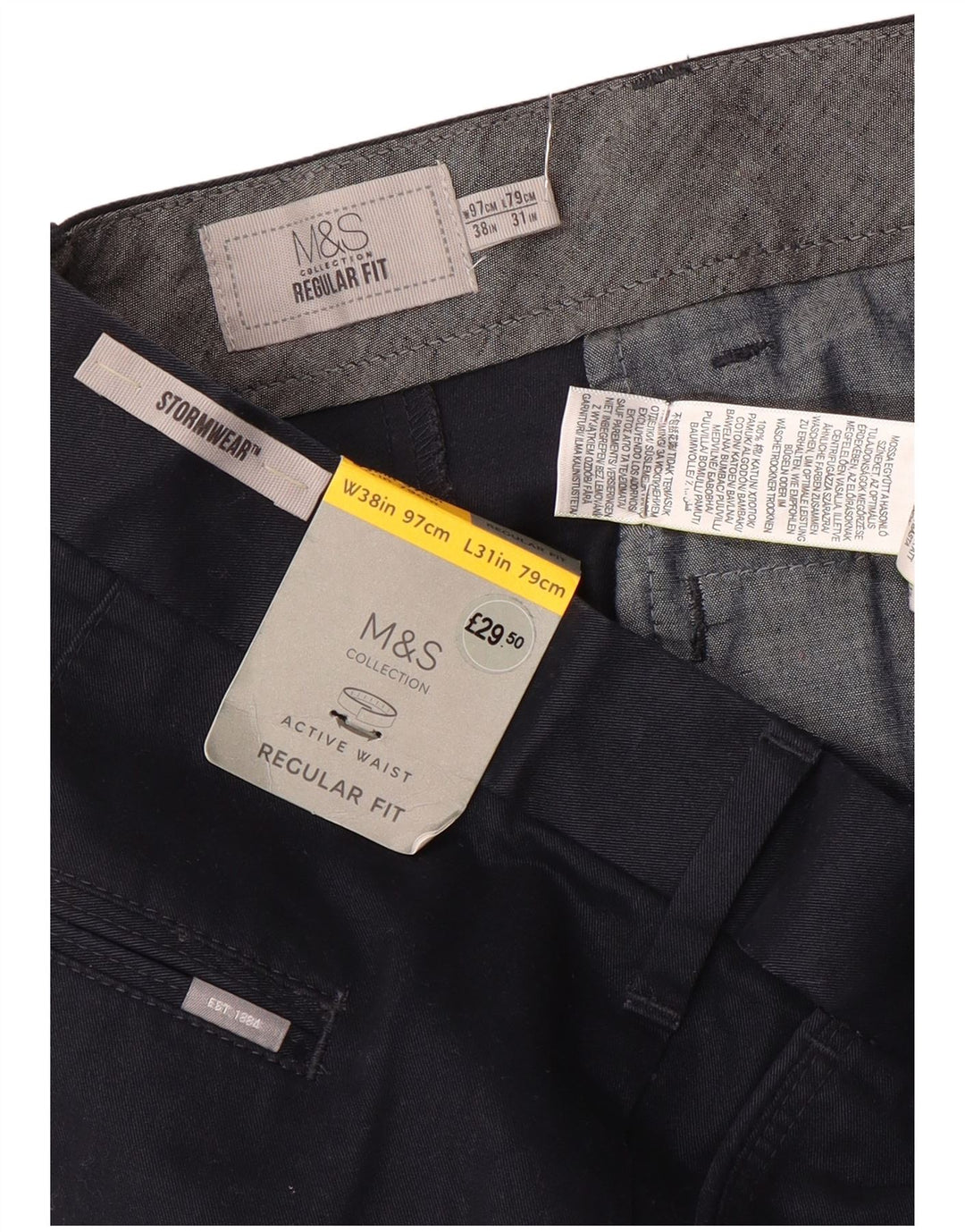 Calça chino reta masculina Marks & Spencer W38 L31 algodão azul marinho