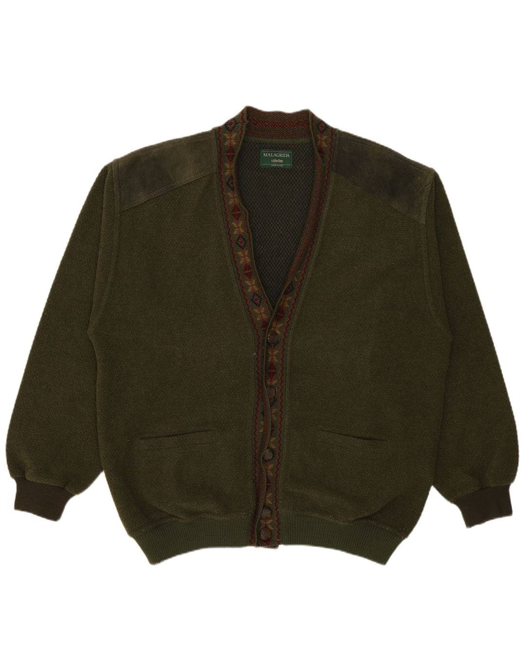Suéter cardigã masculino Malagrida grande cáqui lã Fair Isle