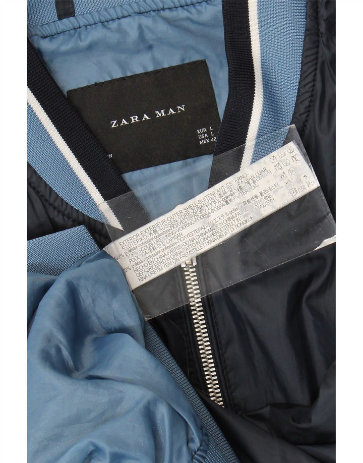 Zara Mens Bomber Jacket UK 40 Grande Poliéster Colourblock Azul Marinho